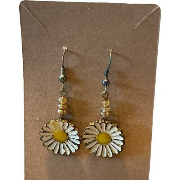 Enamel Daisy Flower Charm Hook Dangle Earrings - Picture 3 of 5